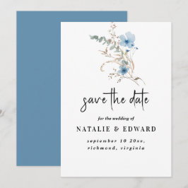 Reserva La Fecha ramo de flores de acuarela azules polvorientos rús