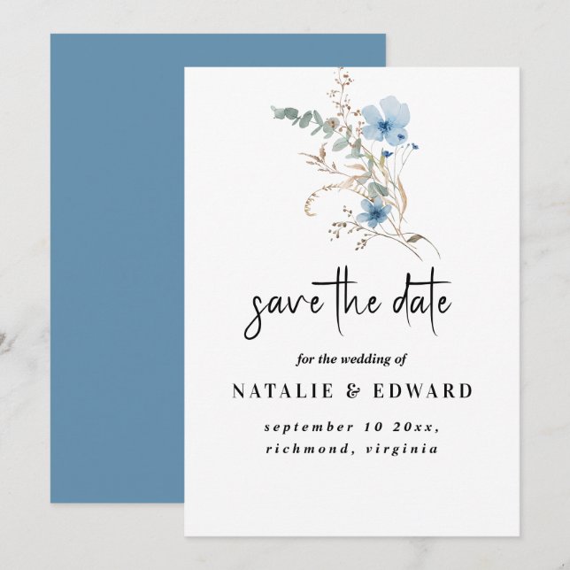 Reserva La Fecha ramo de flores de acuarela azules polvorientos rús (Anverso / Reverso)