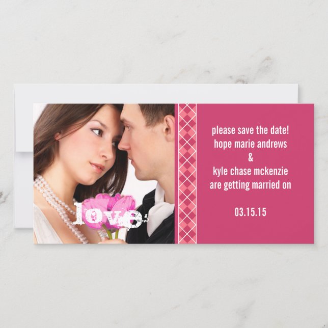 Reserva La Fecha Raspberry Argyle Save The Date Engagement Photo (Anverso)