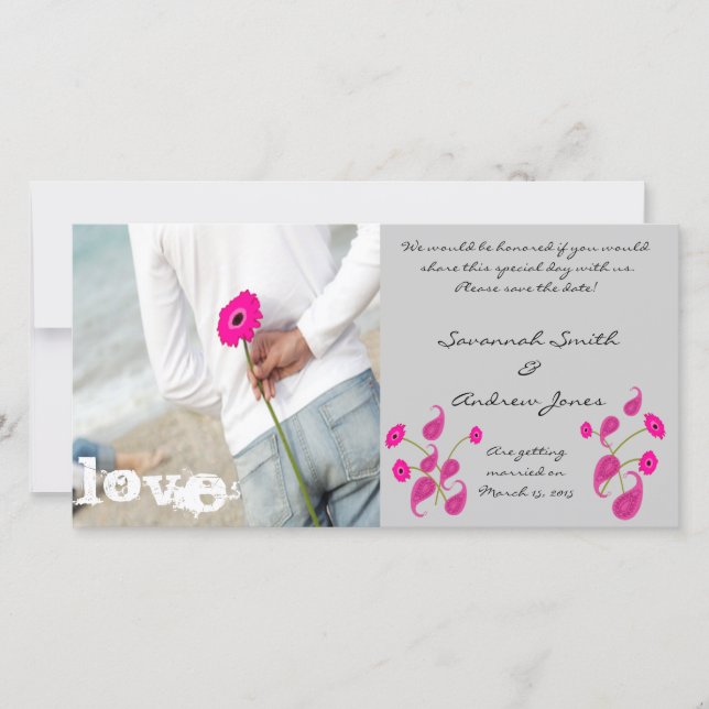 Reserva La Fecha Raspberry Paisley y Gerbers en gris salvan la fech (Anverso)