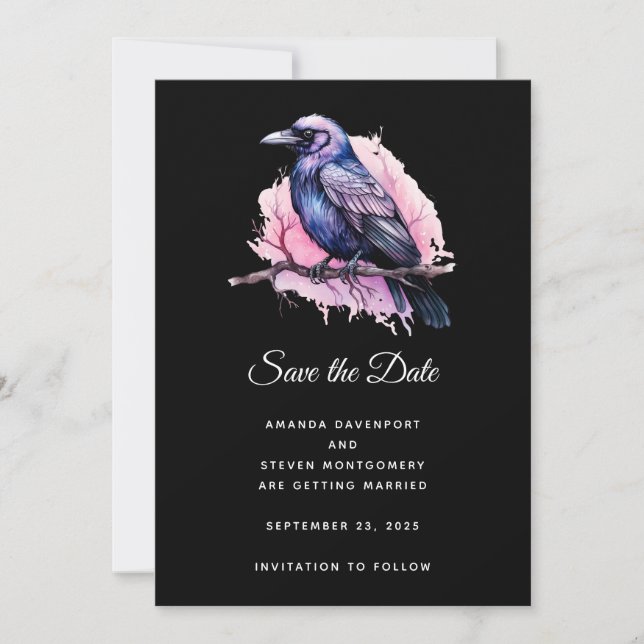 Reserva La Fecha Raven negro en un Boda de Ilustracion de sucursal (Anverso)