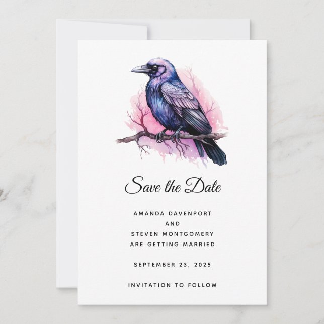 Reserva La Fecha Raven negro en un Boda de Ilustracion de sucursal (Anverso)