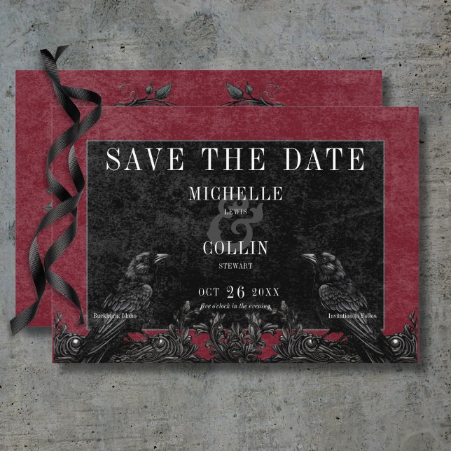 Reserva La Fecha Raven negro gótico y Boda de vino Rosas negros (Gothic Black Raven & Black Roses Wine Wedding Save The Date Card)