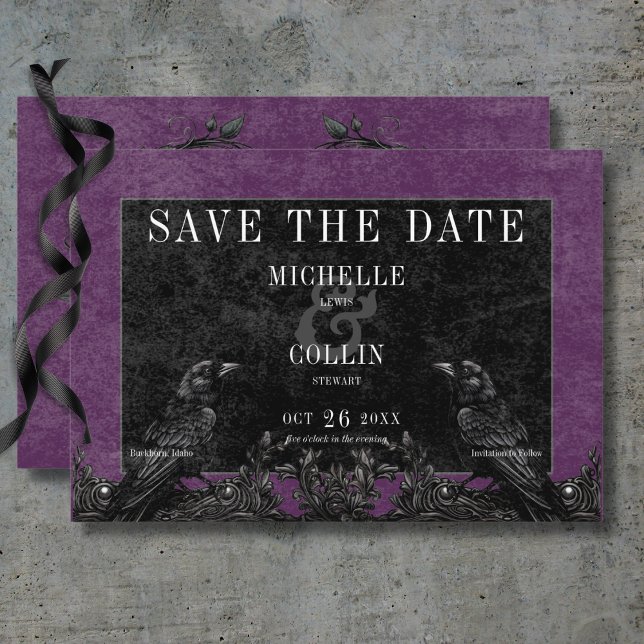Reserva La Fecha Raven negro gótico y Boda morado Rosas negros (Gothic Black Raven & Black Roses Purple Wedding Save The Date Card)