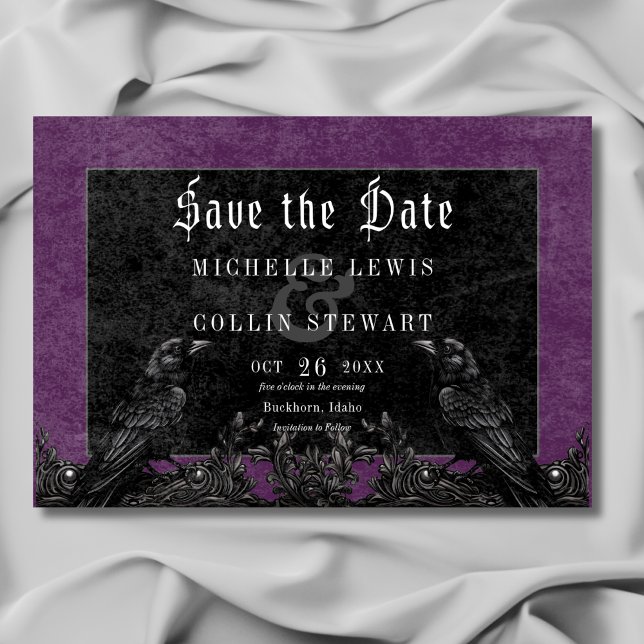 Reserva La Fecha Raven negro gótico y Rosas Boda púrpura (Gothic Black Raven & Roses Purple Wedding Save The Date)