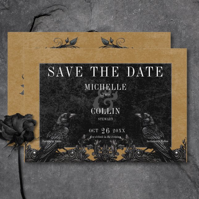 Reserva La Fecha Raven negro gótico y Rosas negros Boda de oro (Gothic Black Raven & Black Roses Gold Wedding Save The Date Card)