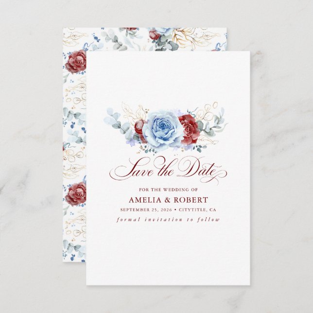 Reserva La Fecha Red and Dusty Blue Floral Save the Date (Anverso / Reverso)