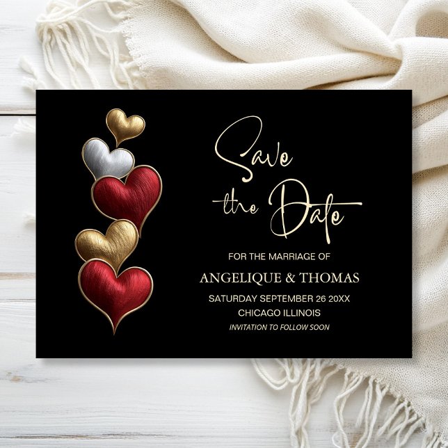 Reserva La Fecha Red and Gold Hearts Wedding Save the Date (Subido por el creador)
