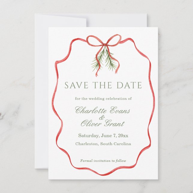 Reserva La Fecha Red Bow Ribbon Winter Save The Date (Anverso)