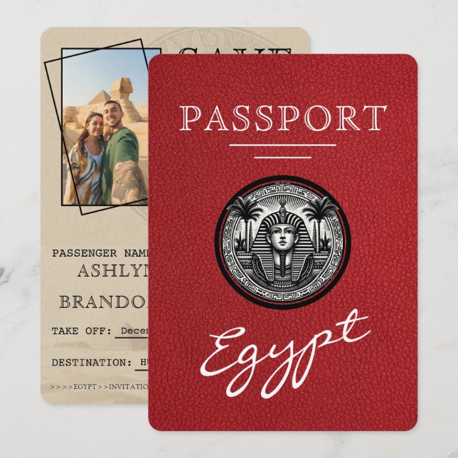 Reserva La Fecha Red Egypt Passport Wedding Save the Date (Anverso / Reverso)