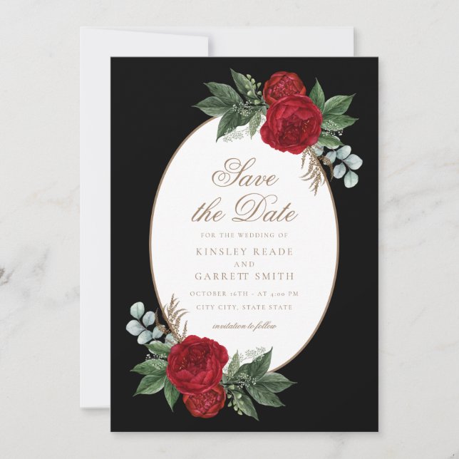 Reserva La Fecha Red Elegant Black & Gold Boda (Anverso)