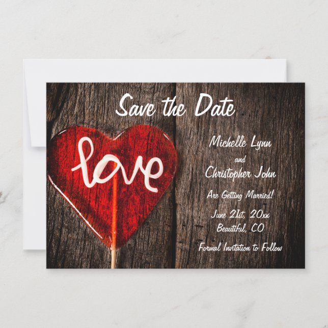 Reserva La Fecha Red Heart Love Lollipop Rustic Barn Wood Boda (Anverso)