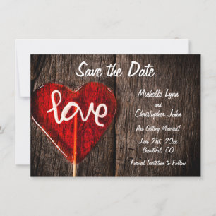 Reserva La Fecha Red Heart Love Lollipop Rustic Barn Wood Boda