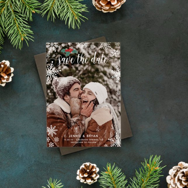 Reserva La Fecha Red Holly Snowflakes Boda de grandes Navidades fot (Subido por el creador)