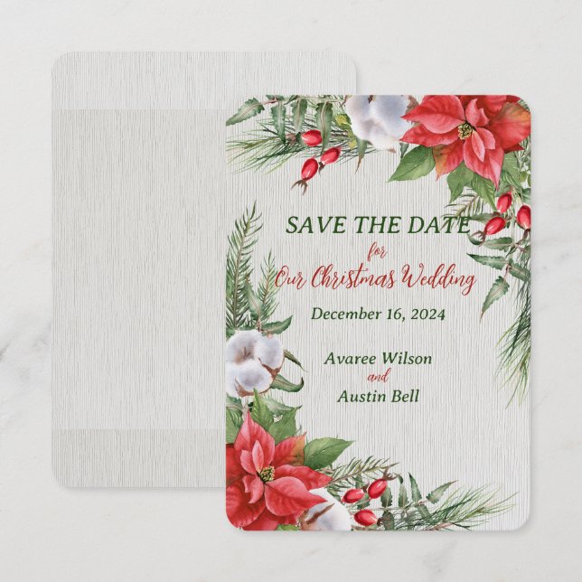 Reserva La Fecha Red Poinsettia Green deja a Boda de Navidades (Anverso / Reverso)