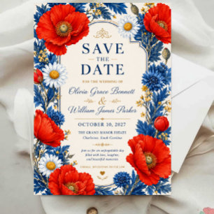 Reserva La Fecha Red Poppy Wildflower Elegant Blue and Red Floral