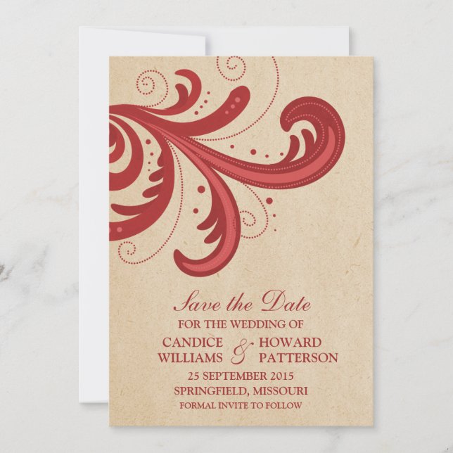 Reserva La Fecha Red Stylish Swirls Save the Date Invite (Anverso)