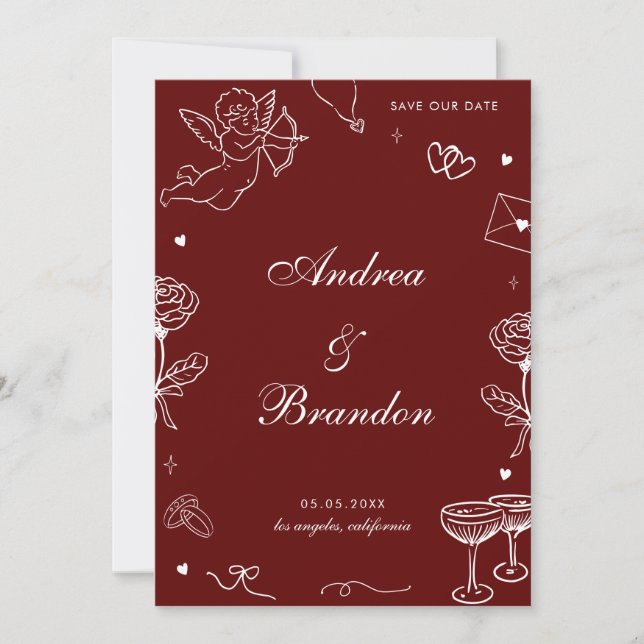 Reserva La Fecha Red Whimsical Hand Drawn Fun Scribble Wedding (Anverso)