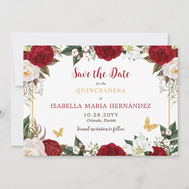 Reserva La Fecha Red y Gold Elegante Quinceañera (Anverso)