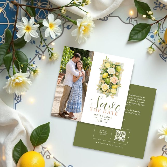 Reserva La Fecha Refined Botanical Floral and Lemon Wedding (Refined Botanical Floral and Lemon Arrangement Wedding Save the Date Card Design with Back QR Code.)