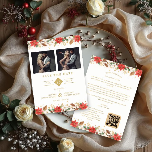 Reserva La Fecha Refined Classic Christmas Garland Wedding (Refined Sophisticated Classic Christmas Garland Wedding Save the Date Cards with Two Photos and Back)