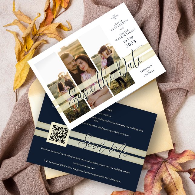 Reserva La Fecha Refined Navy & Gold Elegant Script 3 Multi Photos (Refined Navy and Faux Gold Elegant Script 3 Multi Photos Save the Date Card with Envelope)
