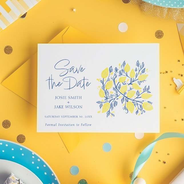 Reserva La Fecha Refrescar plantas de limón ahorra la fecha (Bright and colorful Mediterranean inspired yellow lemons and blue vines Save the Date card)
