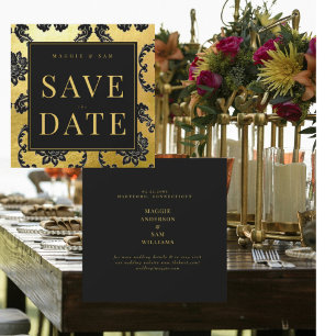 Reserva La Fecha Regal Black & Gold Damask Wedding Save the Date