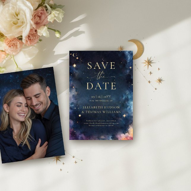 Reserva La Fecha Regalo celeste Boda azul de medianoche salva la fe (celestial wedding save the date photo template watercolor starry night midnight night sky galaxy)