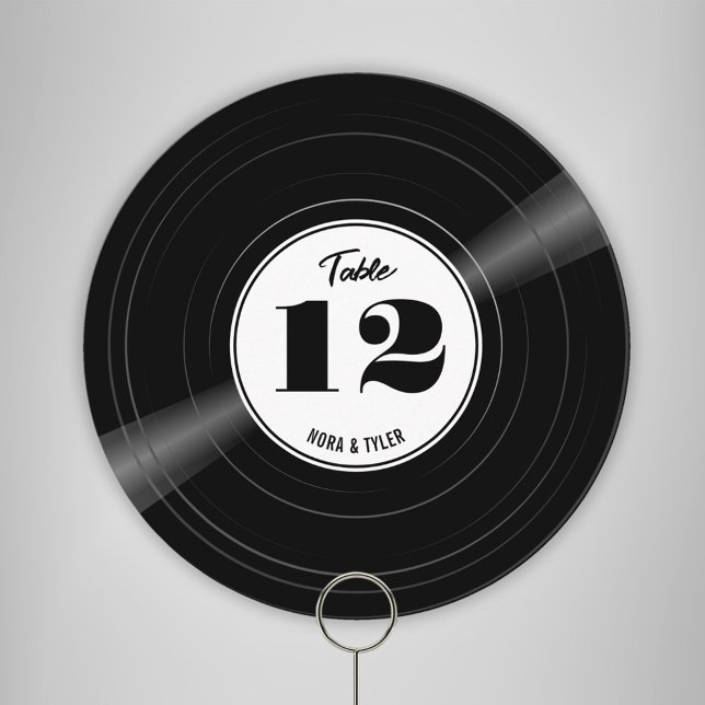 Reserva La Fecha Registro de vinilo personalizado Número de tabla b (Round personalized vinyl record table number with white label and black text)