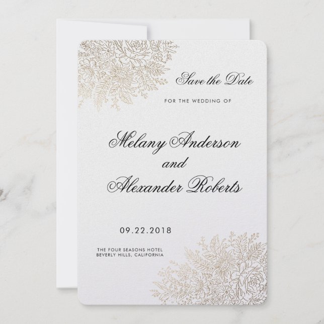 Reserva La Fecha Relieve metalizado dorado elegante de encaje vinta (Anverso)