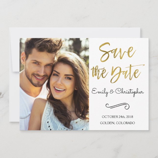 Reserva La Fecha Relieve metalizado dorado Script Wedding Guardar l (Anverso)