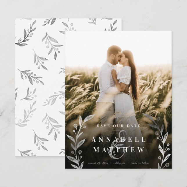 Reserva La Fecha Relieve metalizado plateado Floral Ampersand Wreat (Anverso / Reverso)