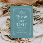 Reserva La Fecha Reserve nuestro Boda de portada de vintage de Aqua<br><div class="desc">Estas bodas únicas ahorran las tarjetas de fecha para los amantes de los libros, presentan un diseño de portada de libros vintage con rollos que enmarcan la fecha del boda, un título ornamental "Book Our Date", los nombres de Bride & Groom como autores, un fondo azul acuático mudo / color...</div>