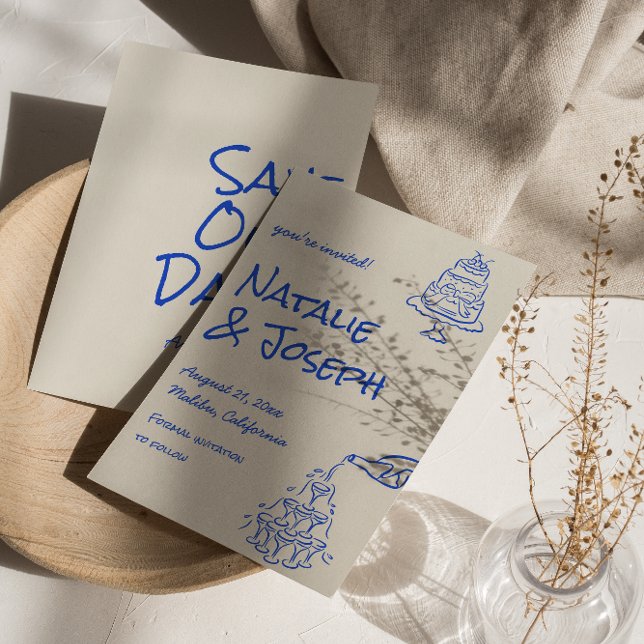 Reserva La Fecha Retro Blue Hand Drawn Champagne Tower Cake Wedding (Subido por el creador)