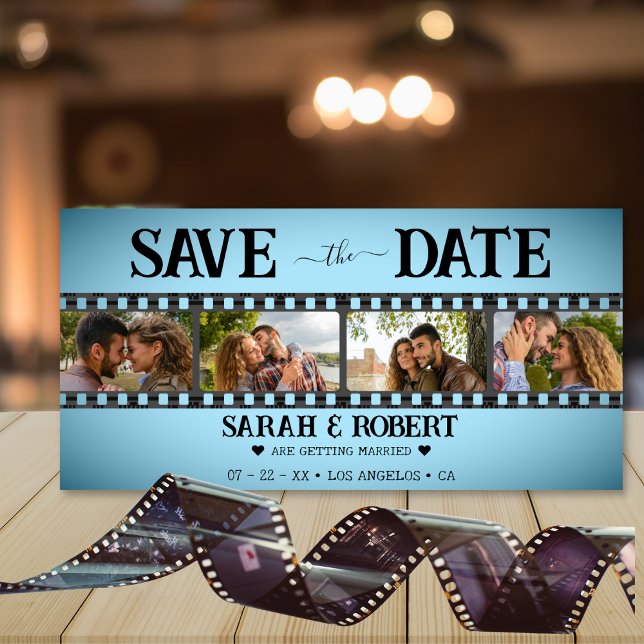 Reserva La Fecha Retro Blue Vignette Collage de fotos Strip (Blue Retro Vignette Photo Collage Film Strip Save The Date)