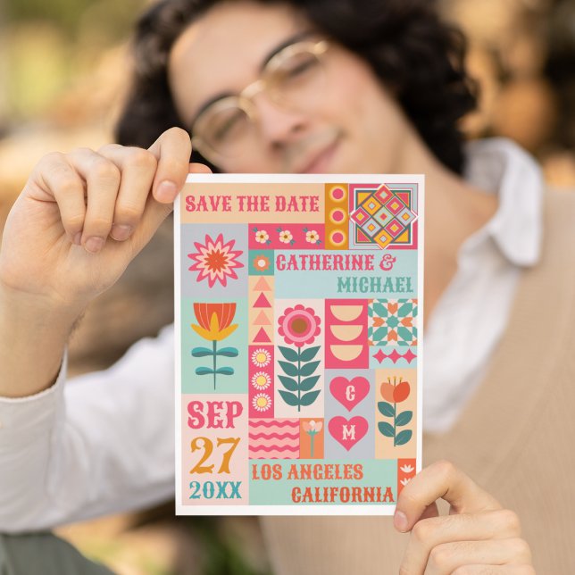 Reserva La Fecha Retro Boho Floral Bold & Bright QR Code Boda (Subido por el creador)