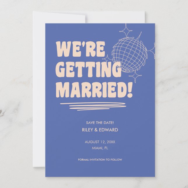 Reserva La Fecha Retro Bold "We're Getting Married" Blue Wedding (Anverso)