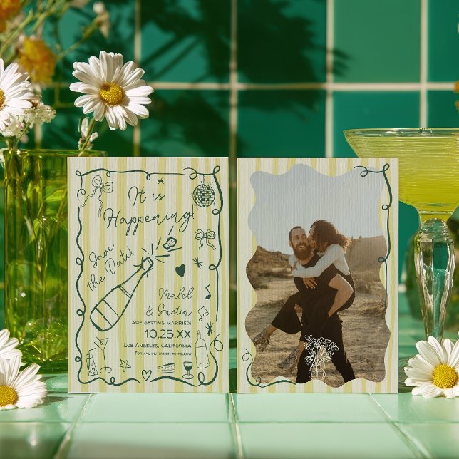 Reserva La Fecha Retro Citrus Green hand drawn photo wedding (Retro Citrus Green hand drawn photo wedding Save The Date)