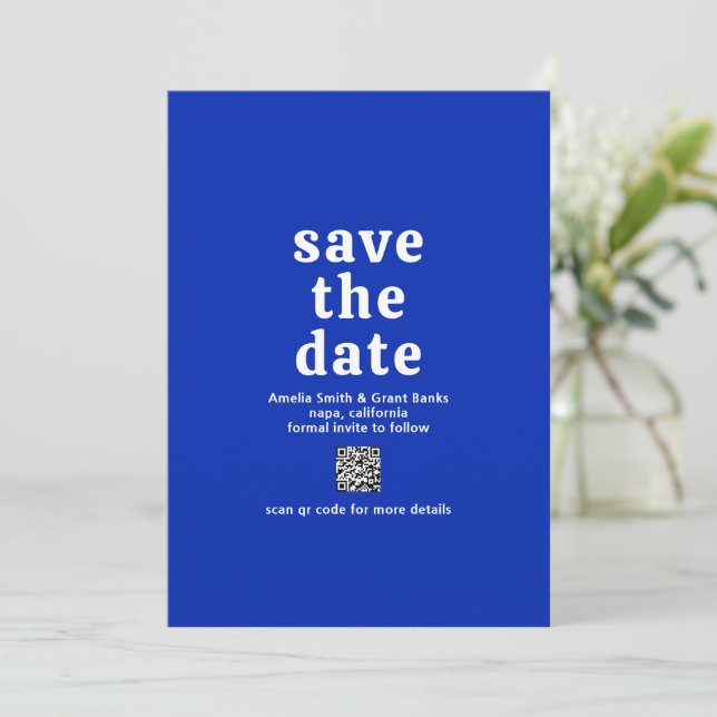 Reserva La Fecha Retro Font Real Azul Código QR Boda moderno (Anverso de pie)