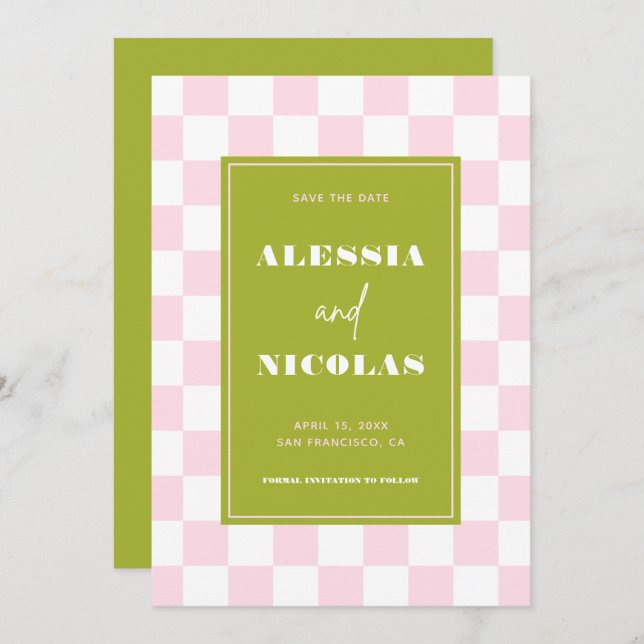 Reserva La Fecha Retro Fun Pink & Green Checkerboard Check Wedding (Anverso / Reverso)