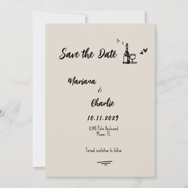 Reserva La Fecha Retro Grey Hand Drawn Illustrated Wedding  (Anverso)
