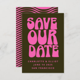 Reserva La Fecha Retro Groovy 70's Hot Pink y Dark Green Salven el