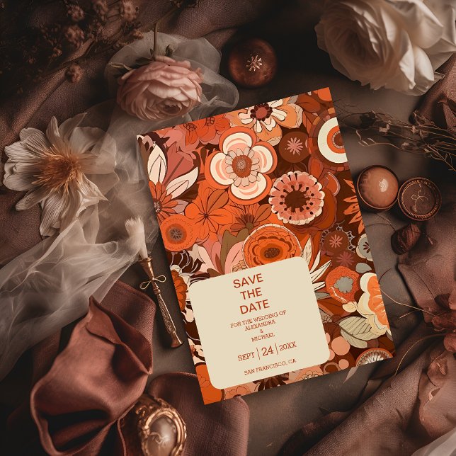 Reserva La Fecha Retro Groovy Burbuja naranja boda floral (Subido por el creador)