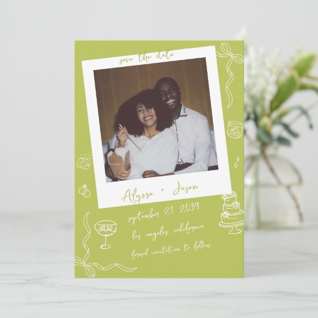 Reserva La Fecha Retro Handwritten Hand Drawn Chartreuse Wedding (Anverso de pie)