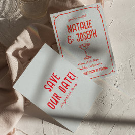 Reserva La Fecha Retro Mano Dibujó Red Blue Cocktail Funky Boda