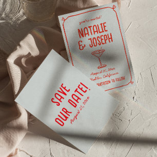 Reserva La Fecha Retro Mano Dibujó Red Blue Cocktail Funky Boda