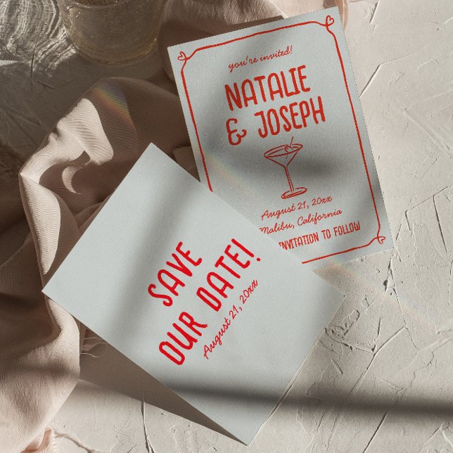 Reserva La Fecha Retro Mano Dibujó Red Blue Cocktail Funky Boda (Subido por el creador)