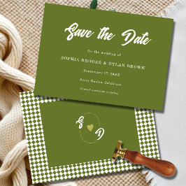 Reserva La Fecha Retro Olive green  Minimalist Checkered Wedding