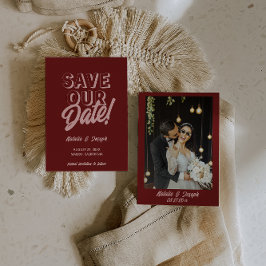 Reserva La Fecha Retro Pink Deep Red Modern Unique Photo Wedding